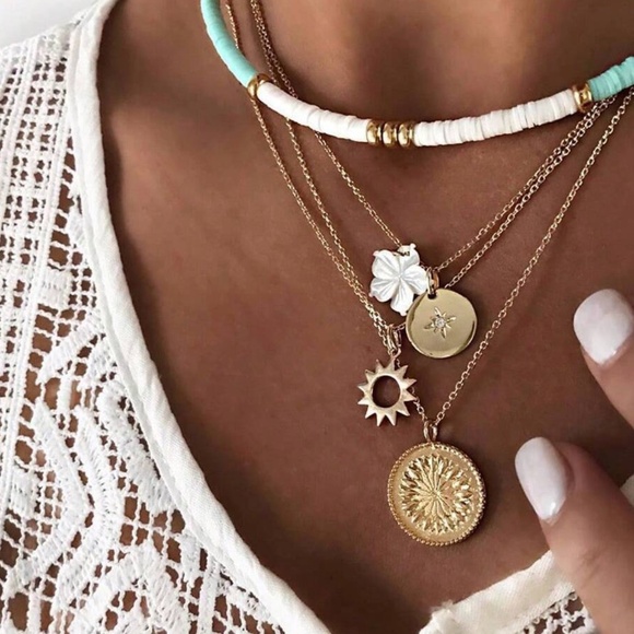 Boho Gold Tone Seashell Flower Sun Multilayer Necklace - Picture 1 of 3